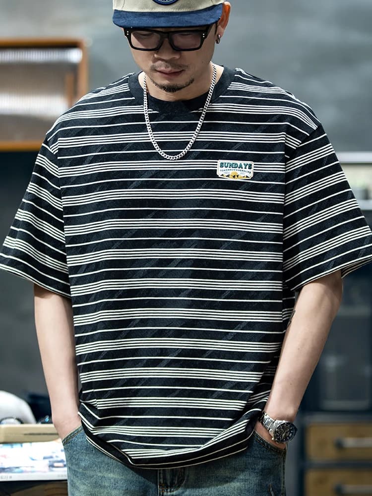 Heavyweight American Loose Stripe Short Sleeve T-Shirt Men Summer New Fashion Casual Top Breathable Pure Cotton round Neck
