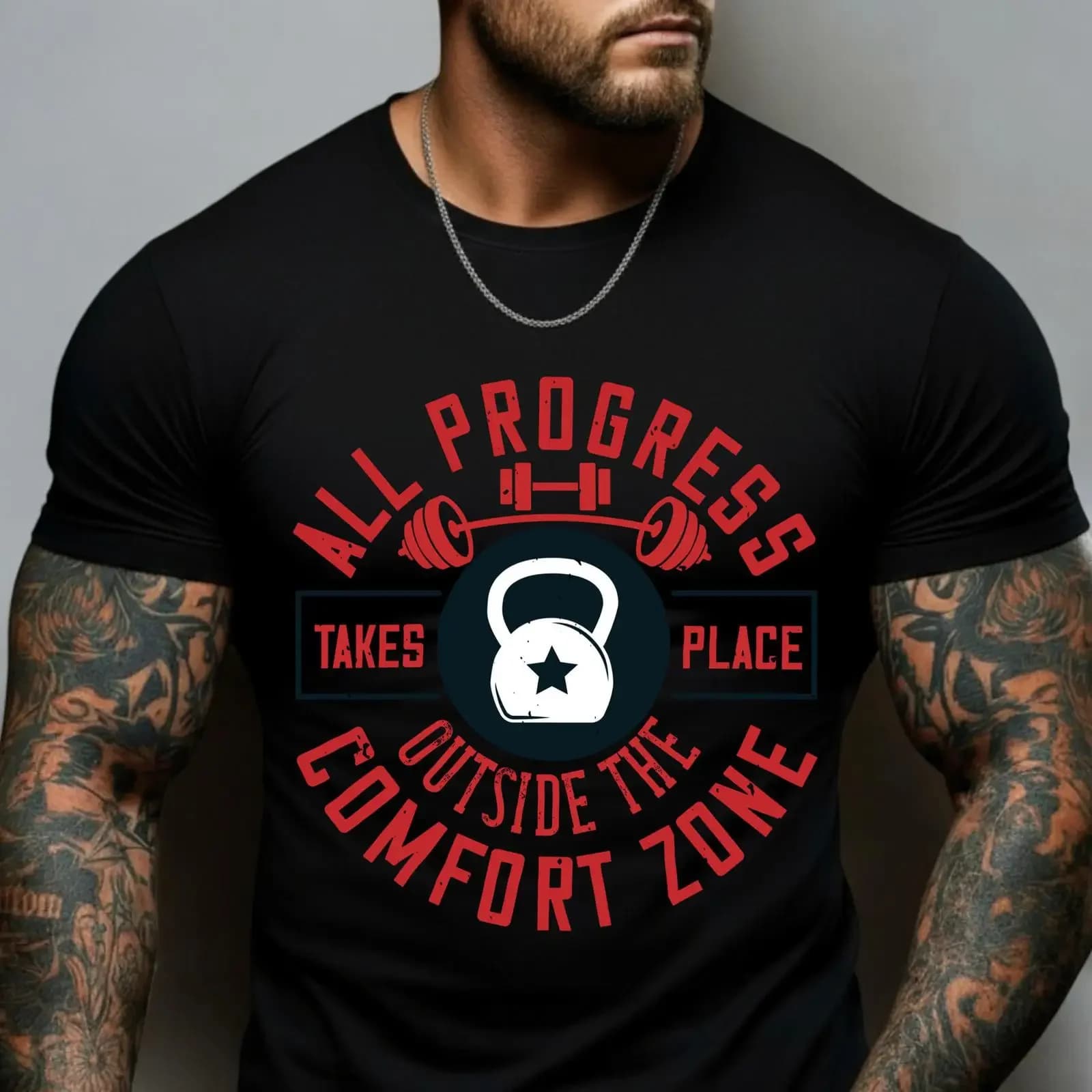 Men's Motivational Gym T Shirt All Progress Takes Place Outside The Comfort Zone Kettlebell Workout Bodybuilding Fitness