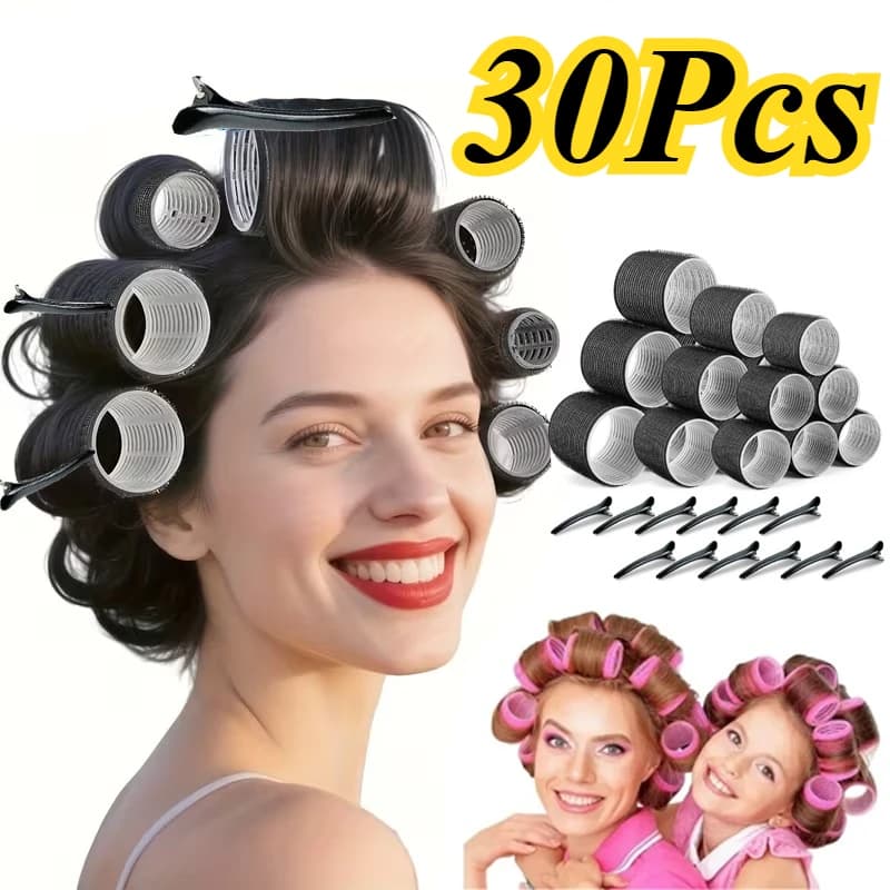 Set of 30 hair curlers, 18 self-adhesive curlers in 3 sizes, 12 hairstyle clips, saloon hair styling tool