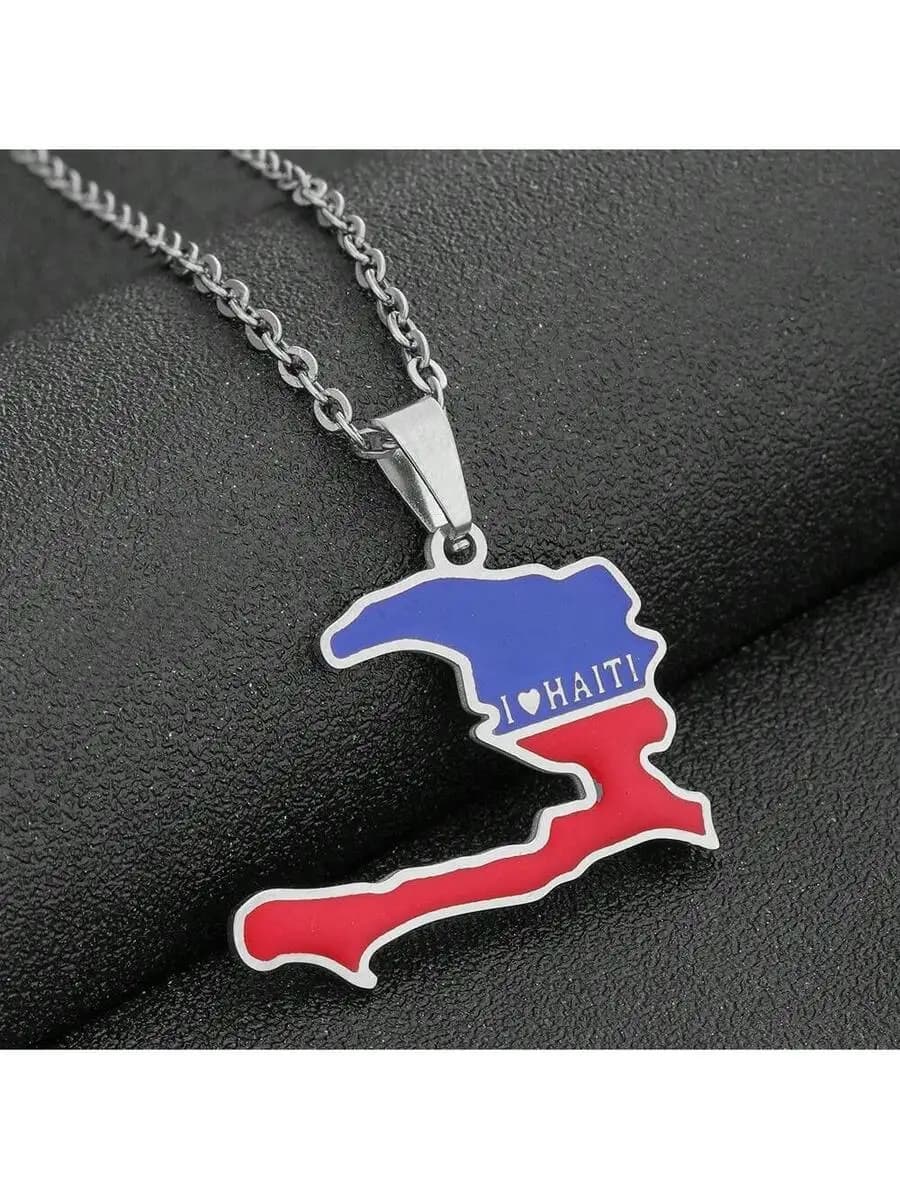 Collana con Ciondolo Mappa di Haiti in Acciaio Inossidabile con Colori della Bandiera - Amo Haiti