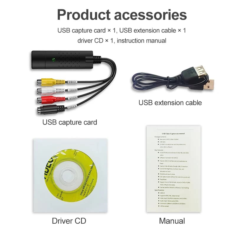 Capture Card VHS VCR TV Camcorder Analog Video Grabber Adapter Support Win7 8 10VHS To Digital Converter USB2.0 Audio Video