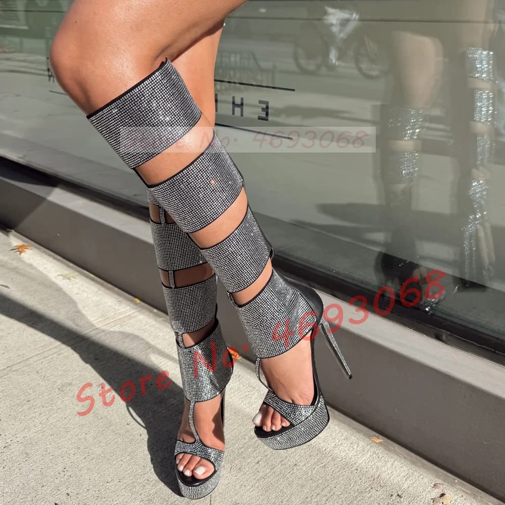 Sandali alti al ginocchio con plateau in gabbia di cristallo Stivali da donna con cinturino a T con cinturino a T Sandali open toe con cerniera posteriore sexy Scarpe a spillo