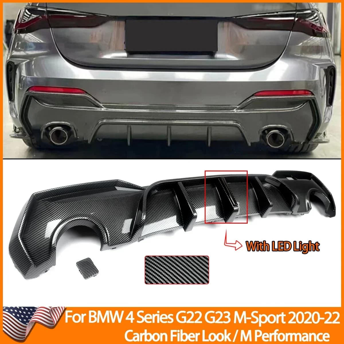 Magickit diffusore posteriore per BMW G22 G23 420i 430i 440i M Sport con LED 2020 + diffusore paraurti posteriore effetto carbonio