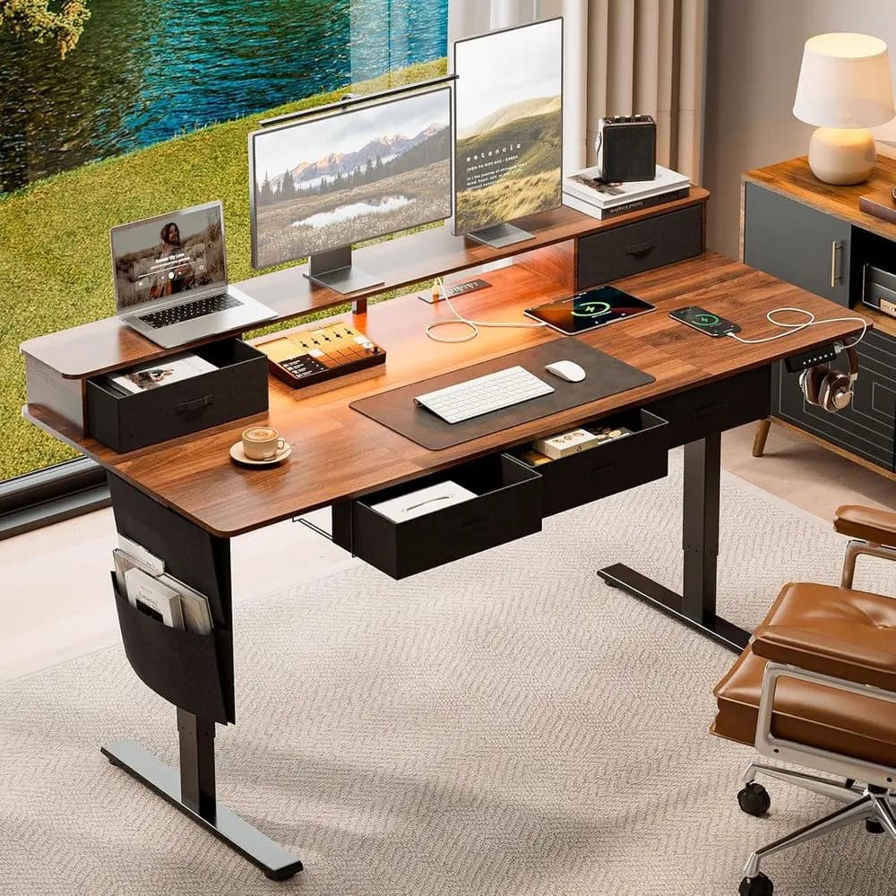 Electric Standing Desk 63x32, 5 Layers, Power Outlets, Monitor Shelf, RGB Lights, Cable Management, 28.3-47.2 Height, Walnut Fin