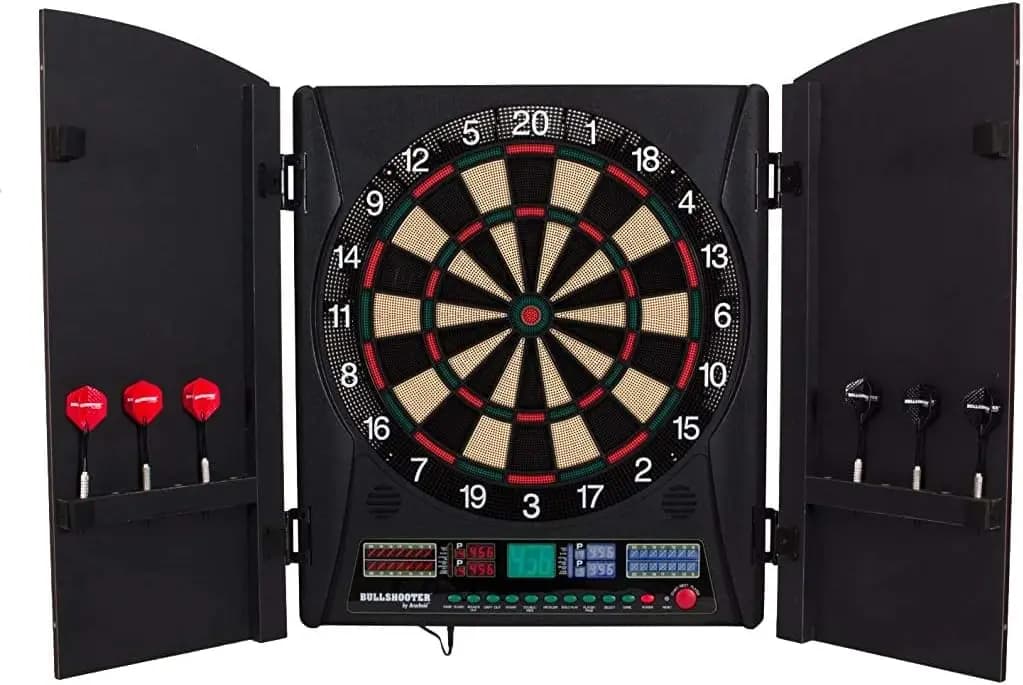 Set di Freccette Elettroniche con Punta Morbida e Mobiletto, Punteggio LED, 38 Giochi
