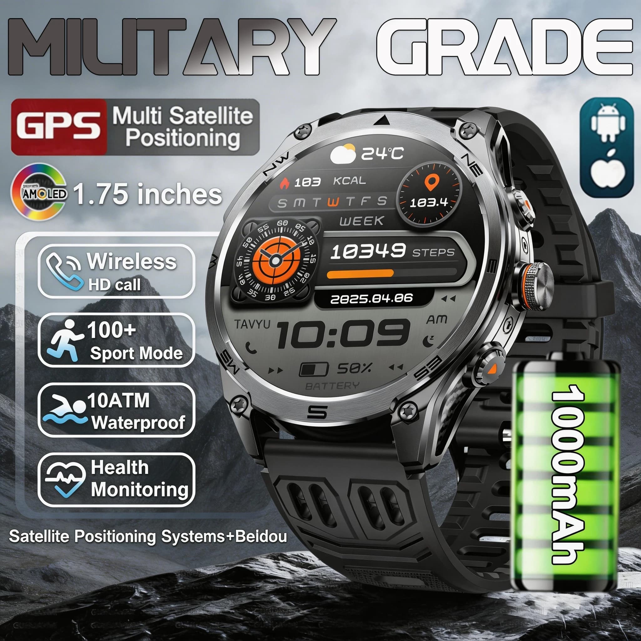 Nuovo Smartwatch Militare 2026 per Uomo, Impermeabile 10ATM, Display AMOLED da 1,75 Pollici, Bussola per Esterni, Fitness Sportivo, GPS Tracker, Chiamate HD BT, Braccialetto