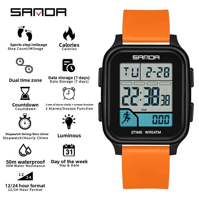 SANDA 2210 Electronic Sports Clock Calorie Pass + 5 ATM Waterproof + Night Light Sports Monitor Multifunction Student Watch