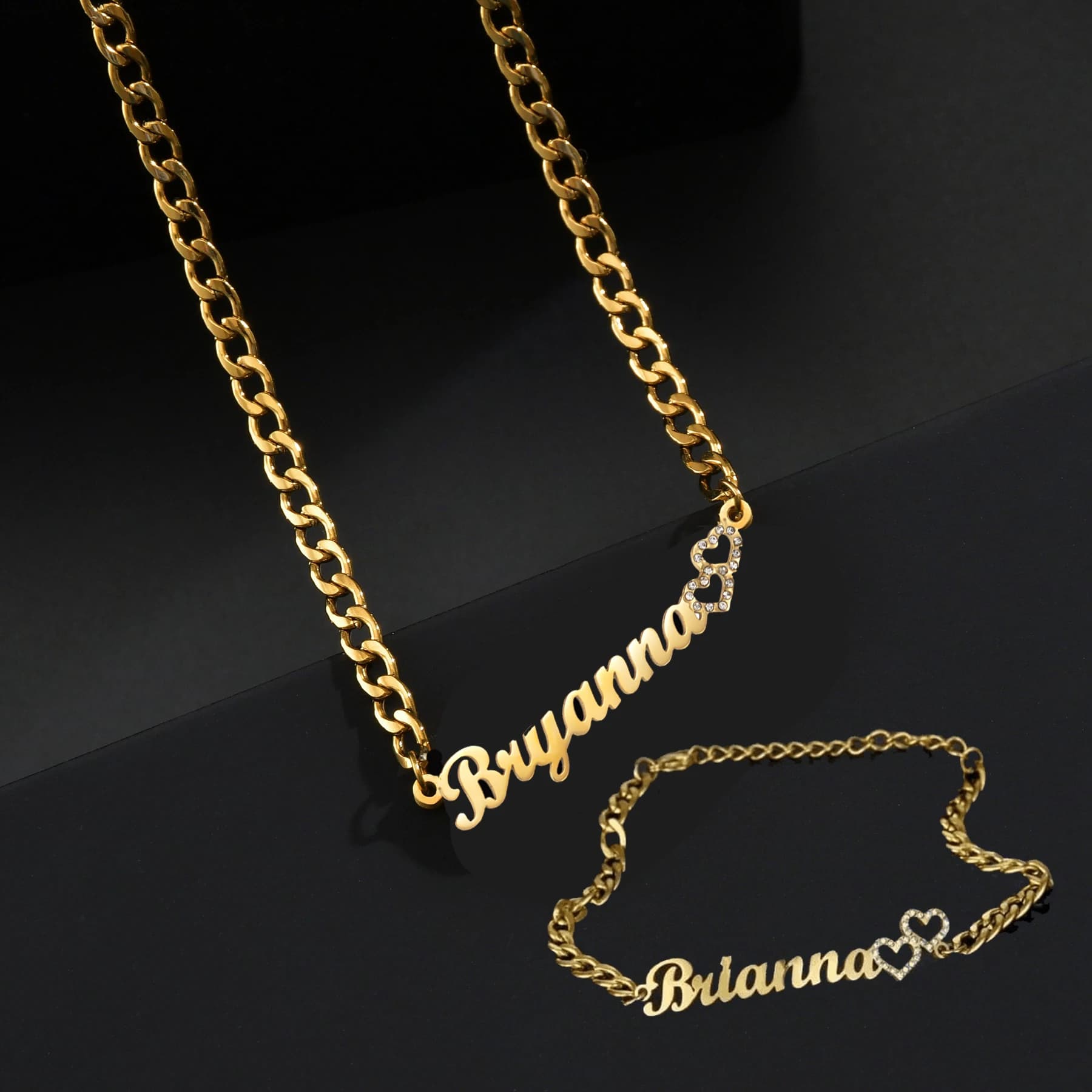Acheerup New Custom Name Necklace Bracelet for Women's Set Stainless Steel Personalized Zircon Heart Thick Chain Pendant Jewelry
