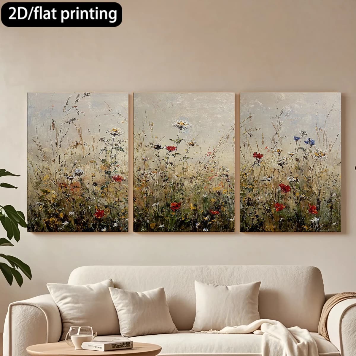 Stampa piatta 2D, quadro decorativo su tela con cornice in legno a 3 pezzi, dipinto di prato con fiori selvatici. Decorazione per corridoio e camera da letto.