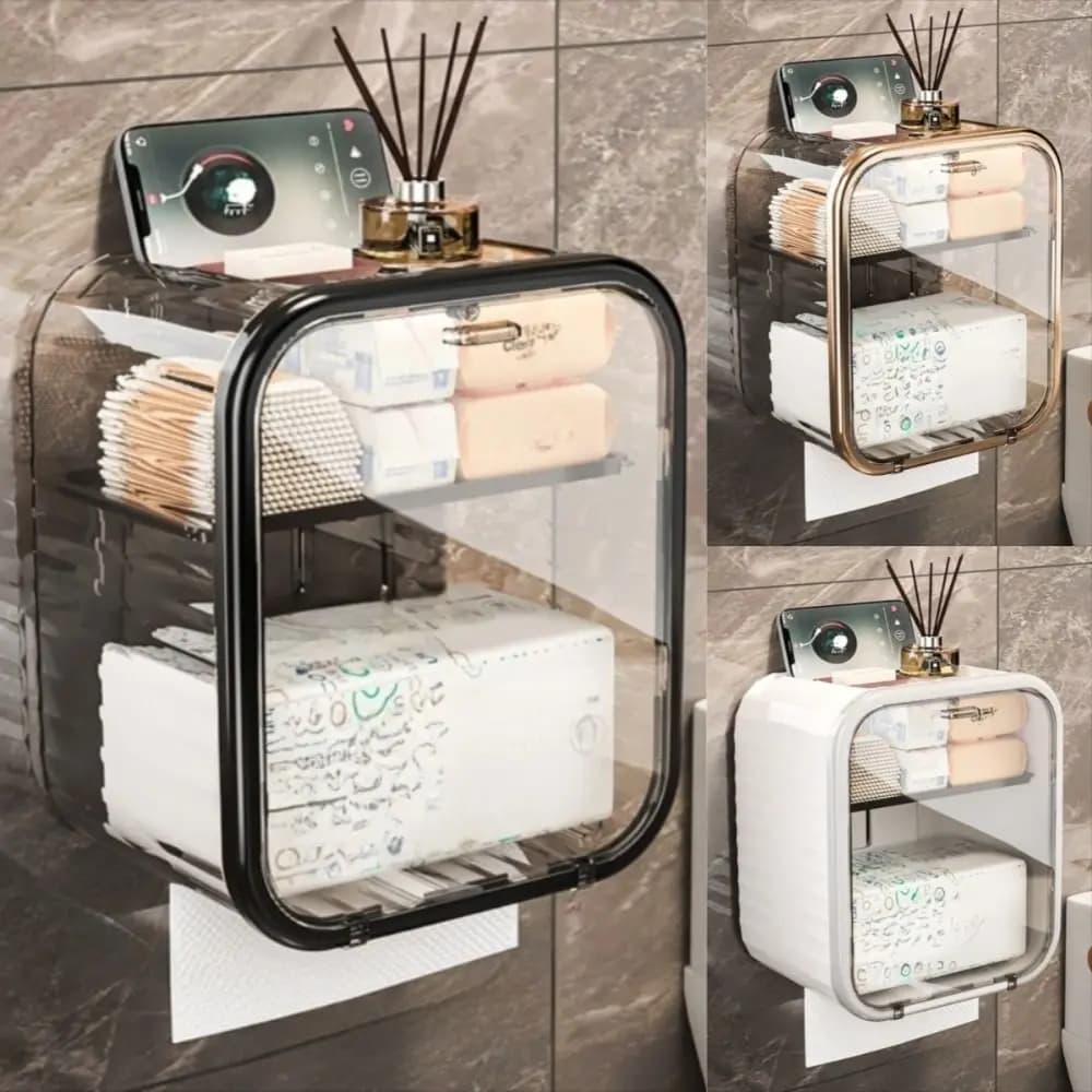Portarotolo magnetico 3 in 1 con cassetto, senza foratura, a doppio strato, da parete, impermeabile.