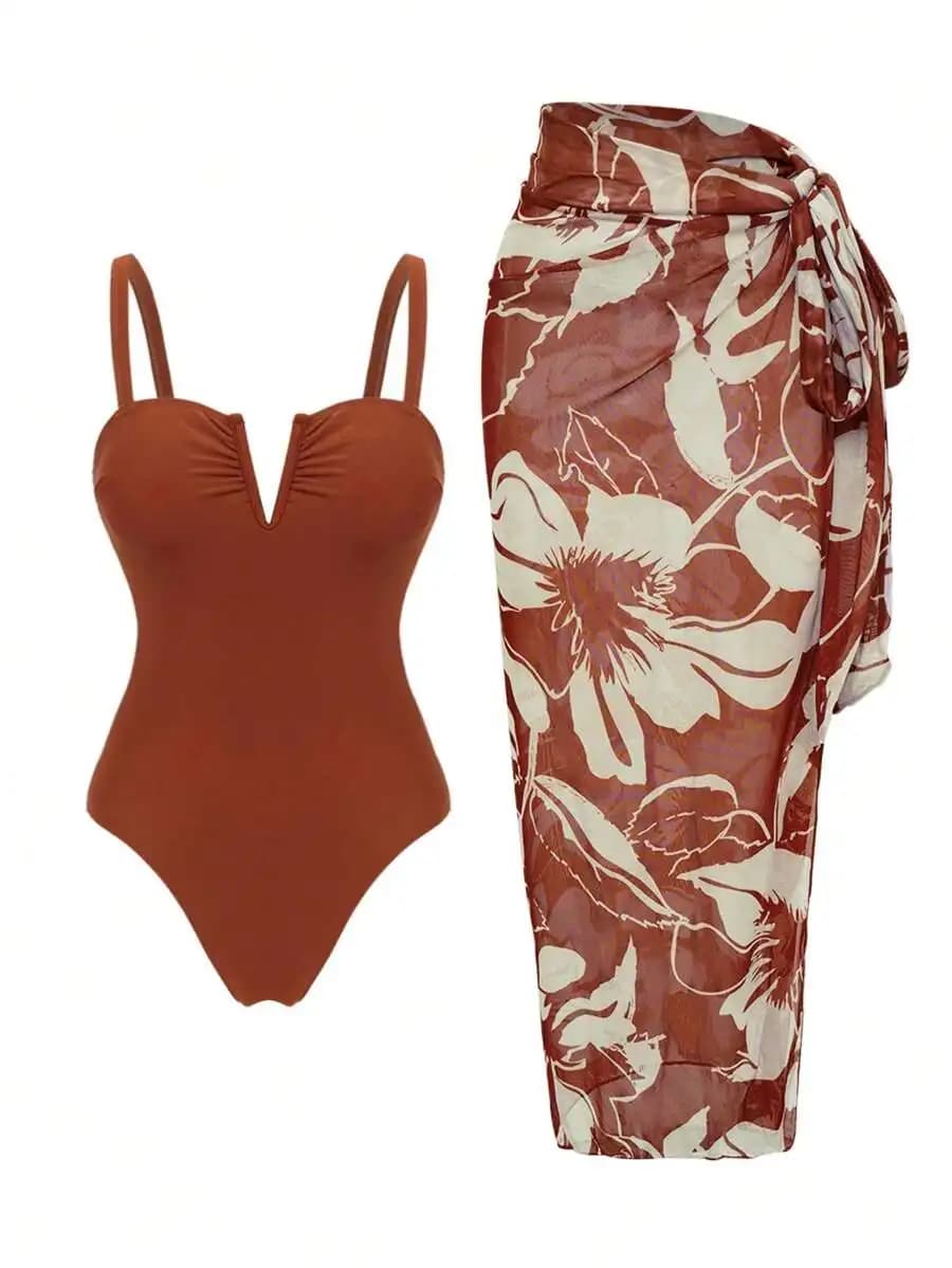 Womens V-Neck Adjustable Strap Floral Print Swim Skirt And Swimsuit Set Summer Vacation Outfit