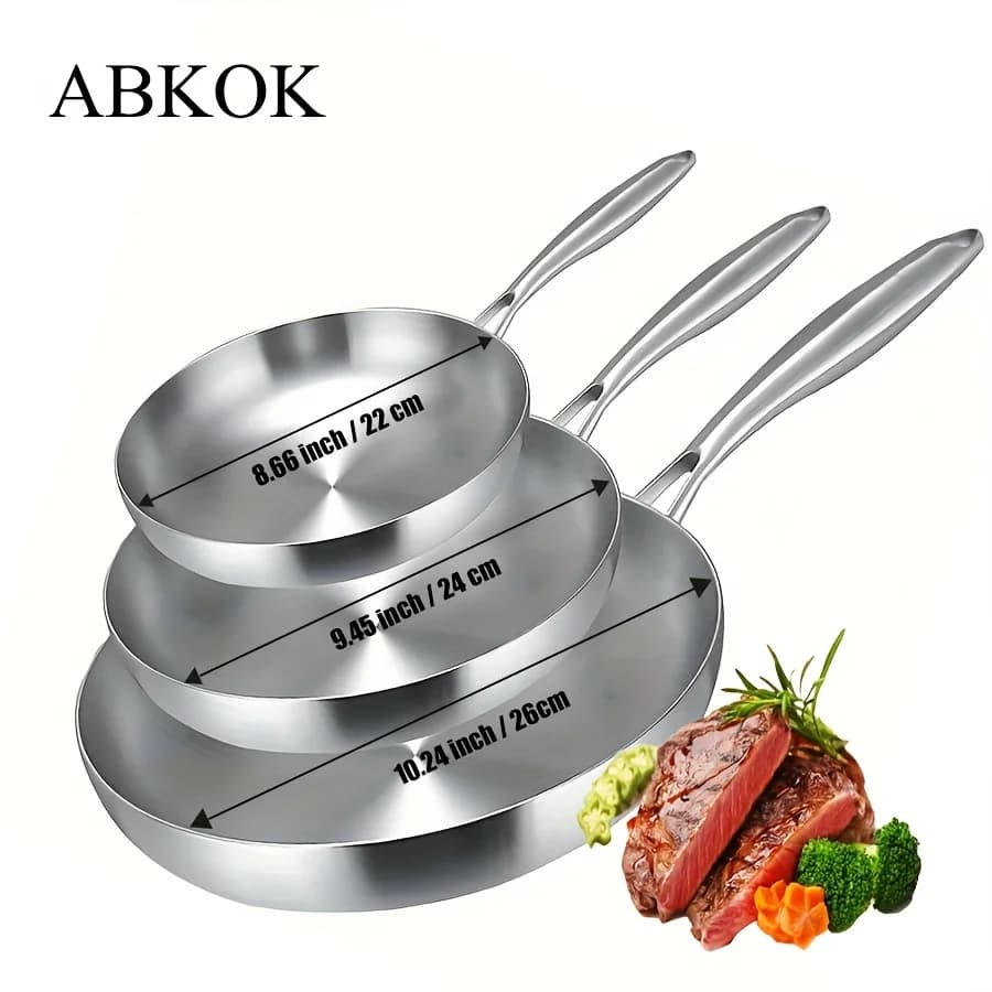 3-Piece Stainless Steel Nonstick Fry Pan Set – Multi-Size Cooking Pans for All Stovetops | Scratch-Resistant Surface, Effortless Cleanup, Versatile Use for Frying, Searing & Braising | Ideal for Home Kitchens and Food Prep Spaces | Thoughtful Seasonal Gif