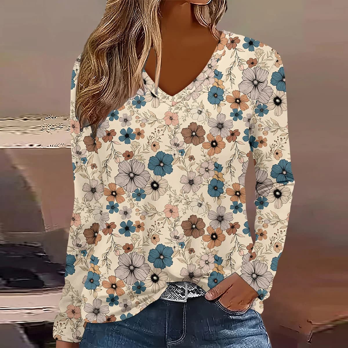 Moda vintage modello floreale stampa 3D donna scollo a V manica lunga T-shirt casual traspirante abbigliamento donna abbigliamento top tees