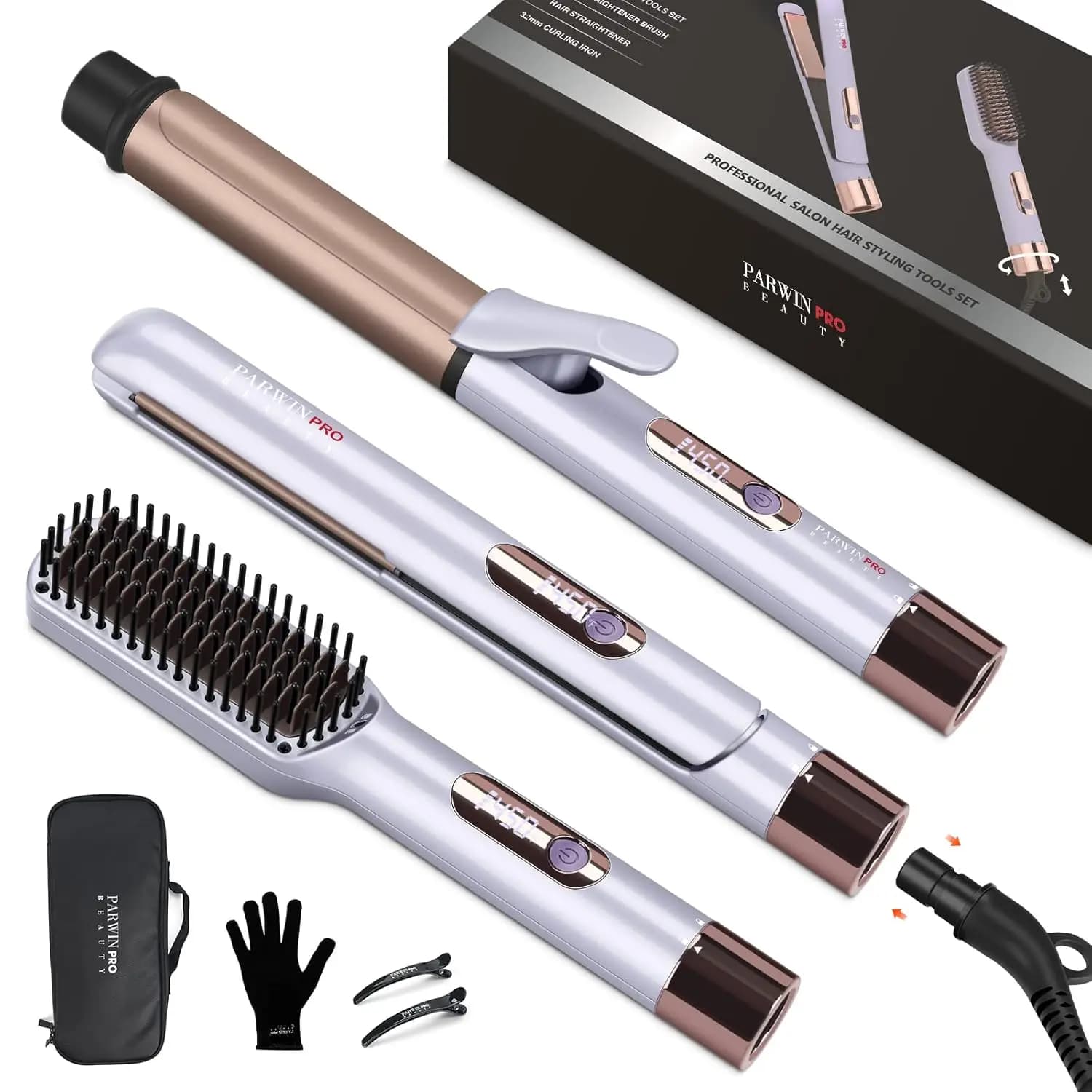 Piastra per Capelli 3-in-1, Ferro Arricciacapelli e Spazzola con Cavo Staccabile, Controllo Temperatura LED, Doppio Voltaggio, per Casa e Viaggio