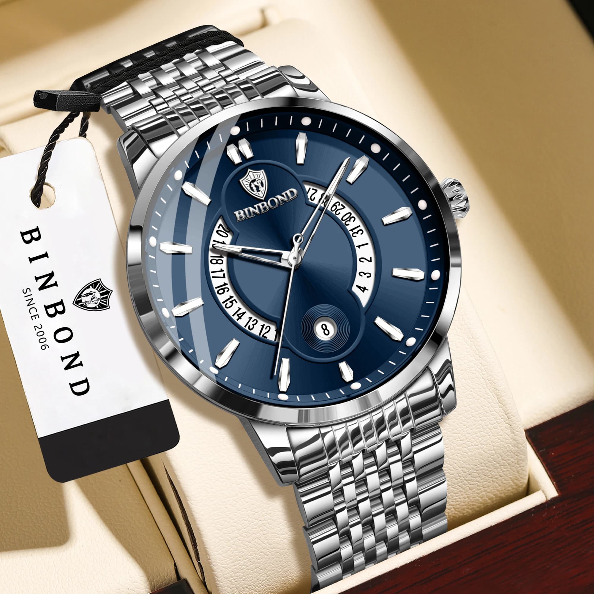 BINBOND Original Luminous Waterproof Auto Date Men's Watch Stainless Steel Relojes Quartz Wristwatches For Men Luxury Reloj +Box