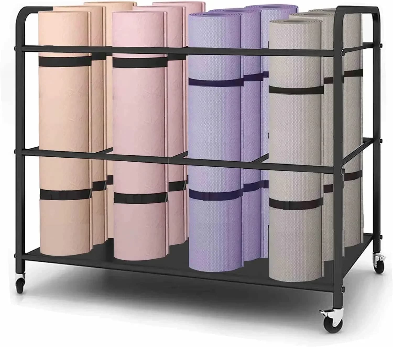 Yoga Mat Storage Rack Basket Workout Equipment Home Gym Storage Rack with Wheels Yoga Mat Holder Exercise & Fitness Organizer fo