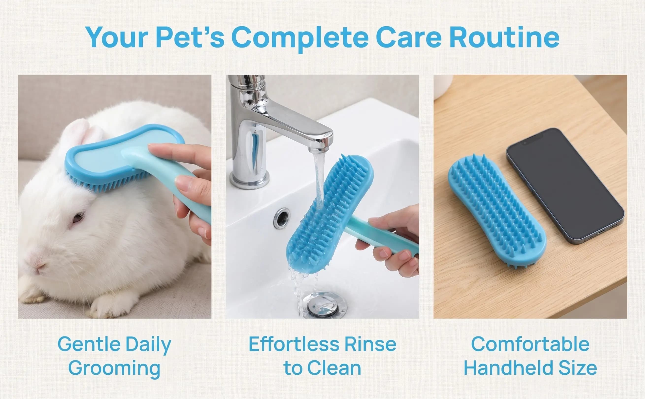 Pet Brush for Bunny Grooming with Silicone Bristles Handheld Rabbit Hair Removal Comb for Comfortable Bath Non-Slip
