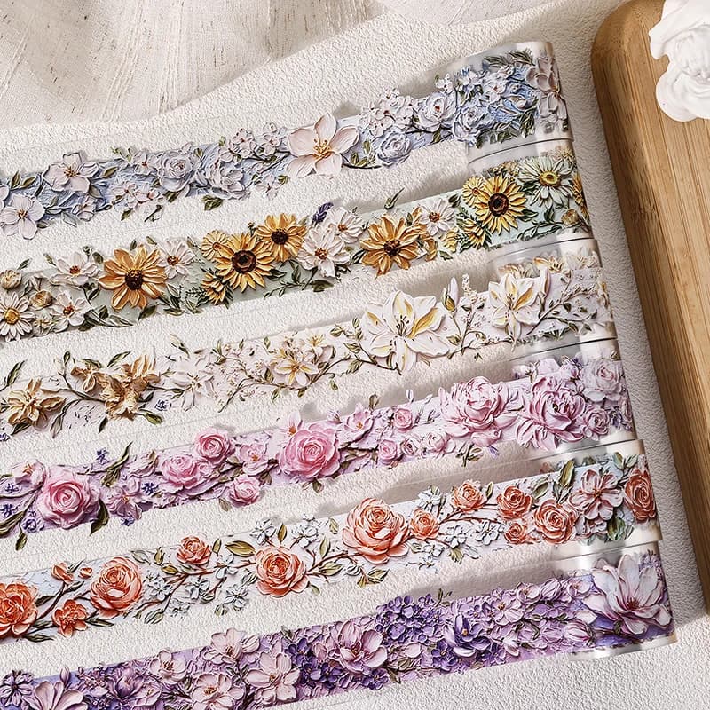 Textured Imitation Oil Painting Floral Washi Tape, Collage Decorative Supplies for Journals, Lovely Ornaments for Photo Albums