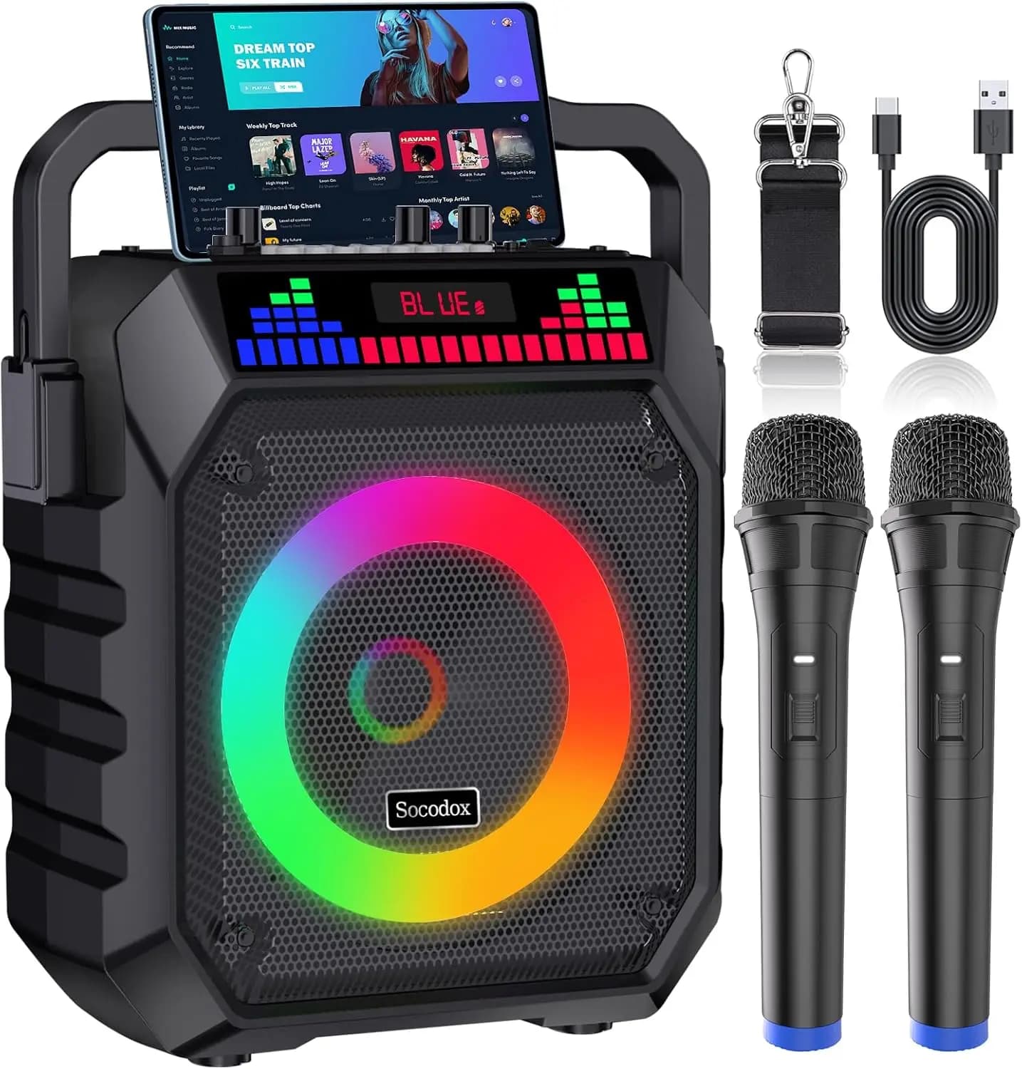 Macchina per Karaoke Portatile con 2 Microfoni Wireless, Microfono per Karaoke con Sistema di Amplificazione del Suono, Perfetta per Casa