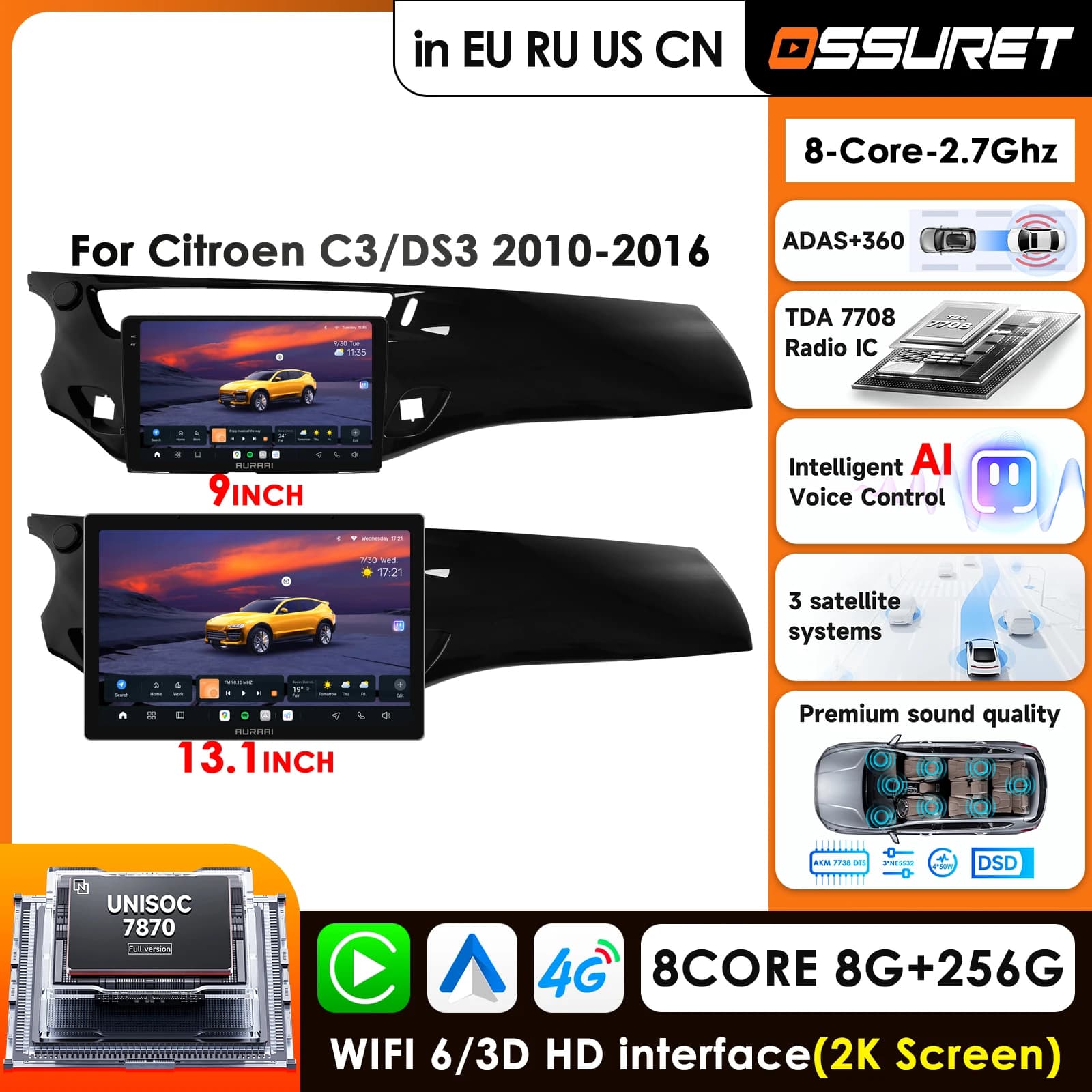 Autoradio Android con Carplay 4G-LTE per Citroen C3 DS3 2013 - 2016, Lettore Multimediale per Auto con GPS, Stereo Auto con RDS