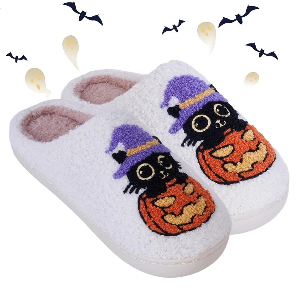 Scarpe da casa slip-on calde con zucca gatto nero Comode pantofole da casa soffici Pantofole antiscivolo pelose con punta chiusa per uomo donna