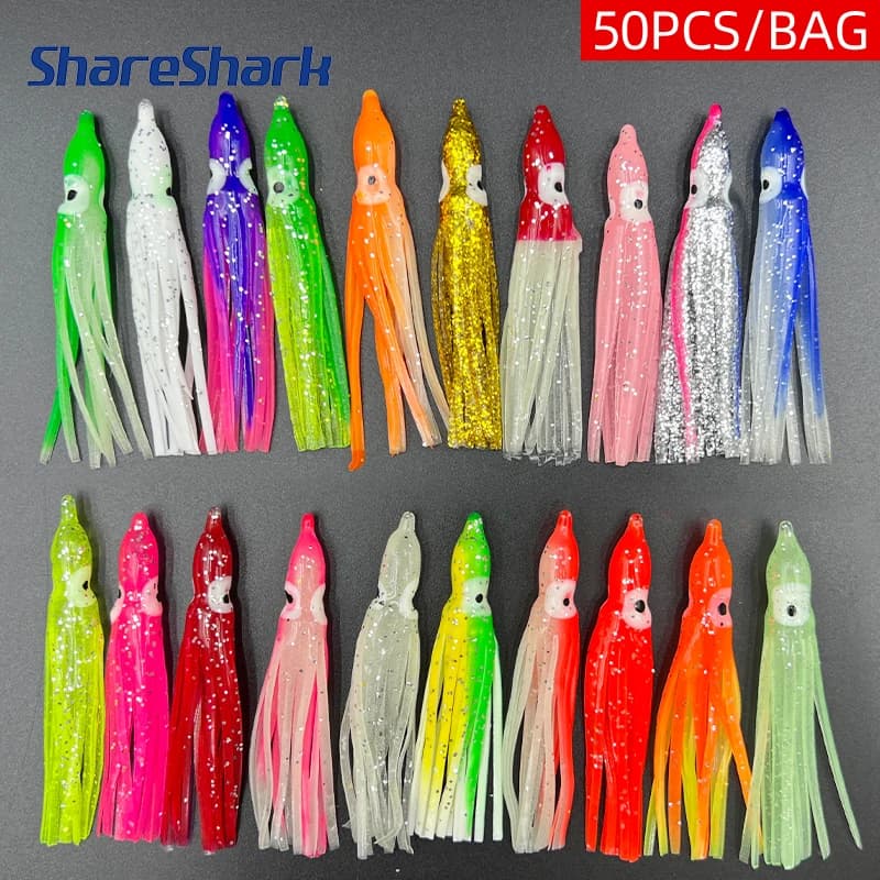 ShareShark 50pcs/bag mixed colors Luminous Octopus Skirts Trolling Lure, Soft Squid Lure, Fishing Squid Skirts Glow Lures
