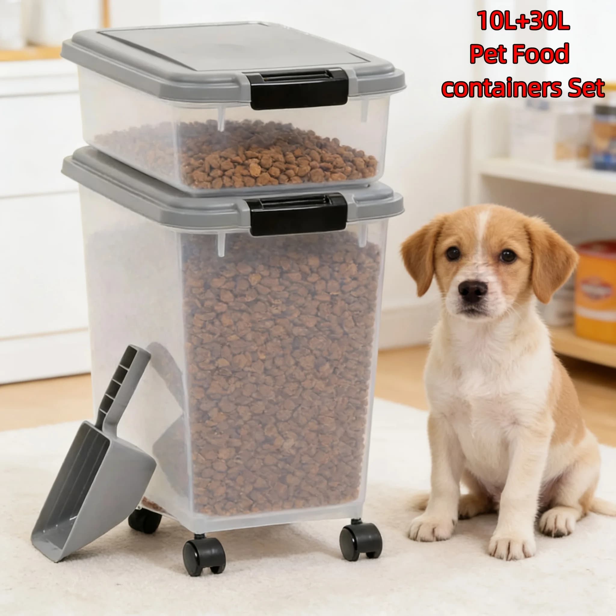 Contenitore Ermetico per Cibo per Cani e Gatti - Con Ruote per Facile Spostamento, Contenitore Sicuro per Alimenti Secchi con Paletta, L