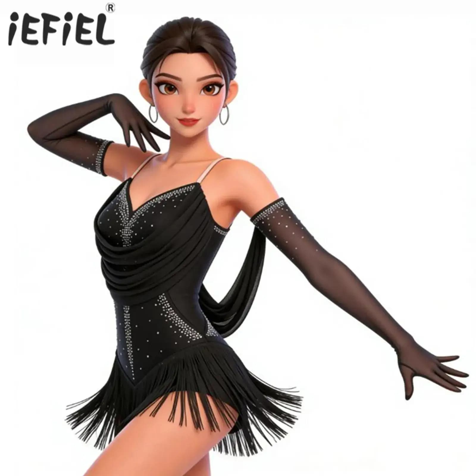 Body da donna con strass scintillanti, ginnastica, pattinaggio di figura, danza, nappa, tango latino, con frange, body con guanti