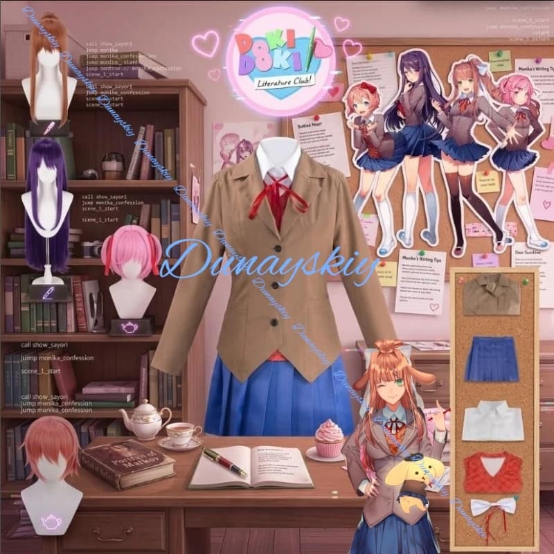Costume Cosplay Anime Doki Doki Literature Club, Parrucca, Uniforme Scolastica Marrone, Gonna e Scarpe per Donne, Personaggi Monika, Sayori, Yuri, Natsuki