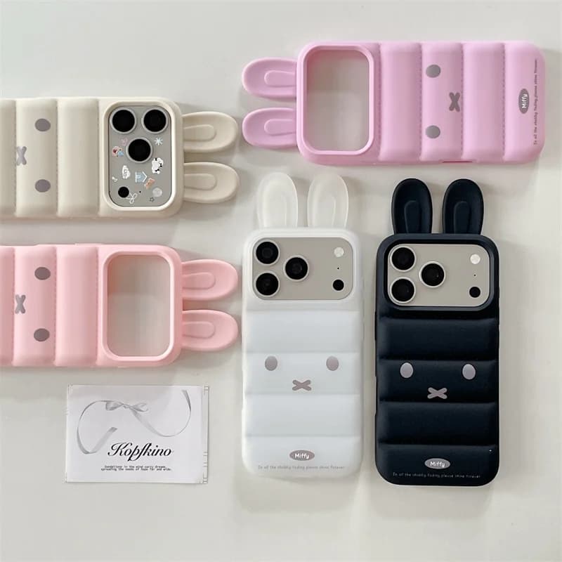 Custodia Protettiva Antiurto per iPhone 17 15 16 Pro Max con Orecchie di Coniglio 3D Kawaii Miffy - Cover alla Moda