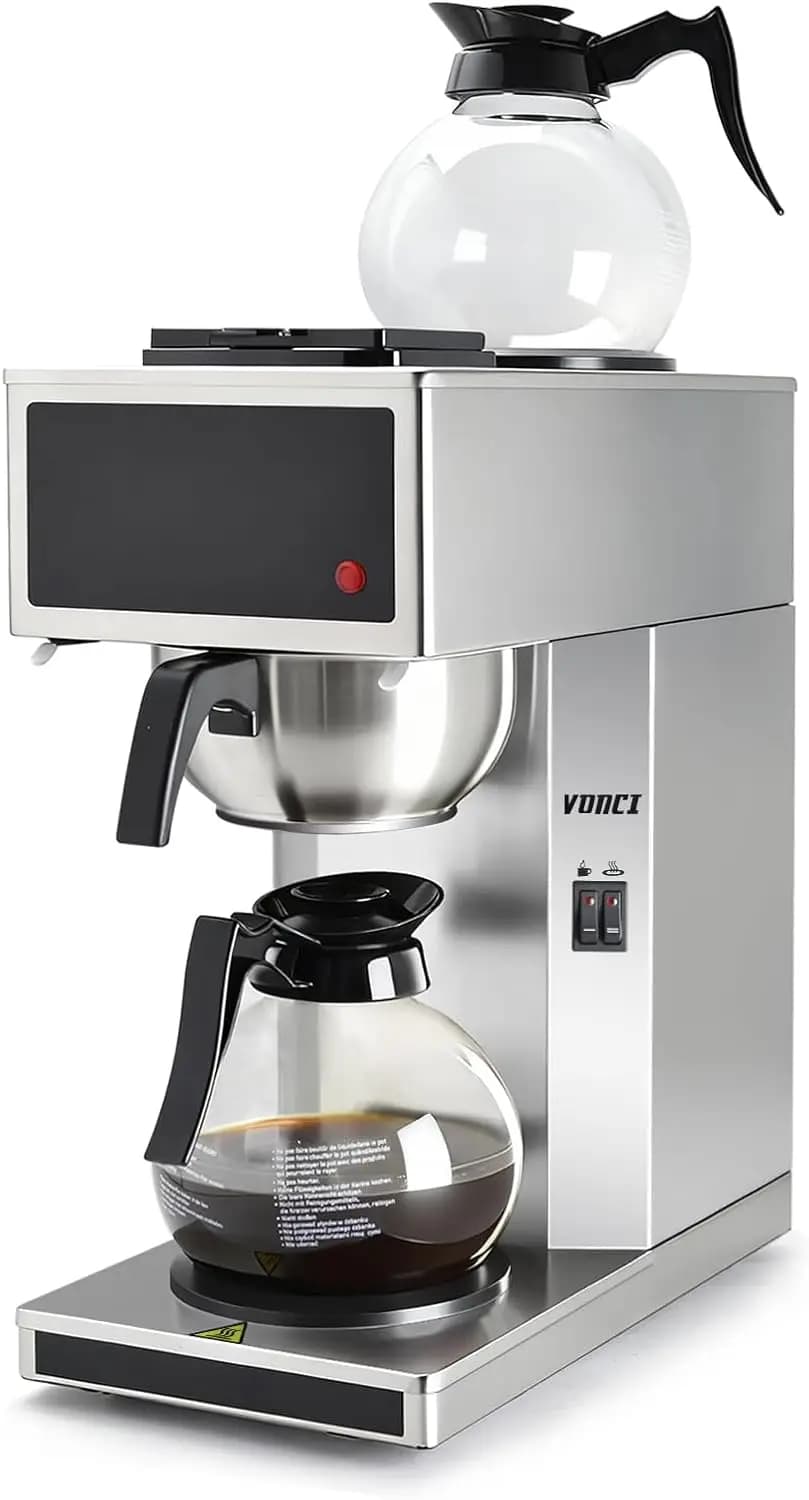 1610W Commercial Coffee Maker, 12 Cup Drip Coffee Machine, 2 Glass Carafes and 2 Warmers, Stainless Steel Housing & Funnel, Indu