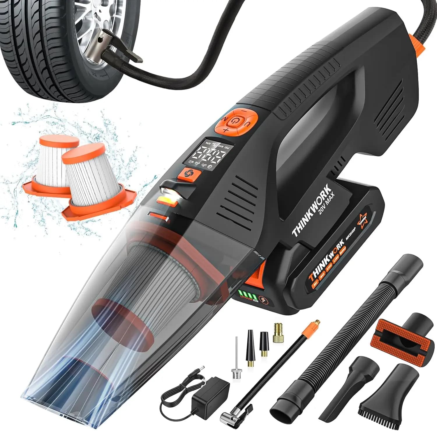 Aspirapolvere e Gonfiatore per Auto 20V, Doppia Funzione, Potente Aspiratore Portatile Senza Fili con 18000pa di Potenza di Aspirazione per la Pulizia dell'Auto