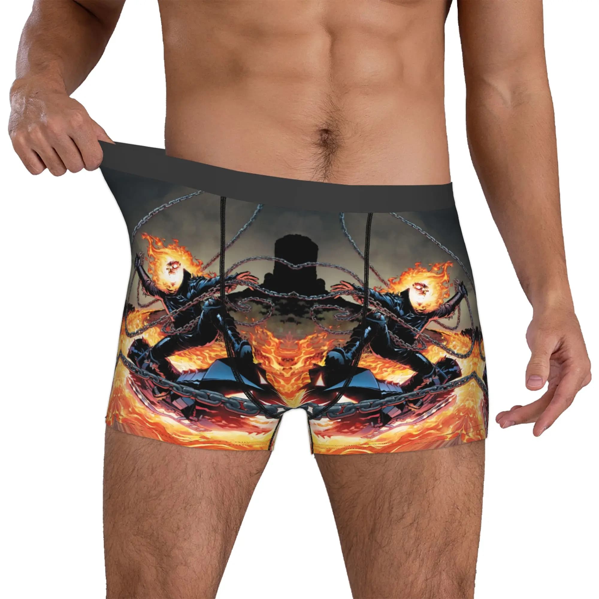 Boxer da Uomo Personalizzati con Stampa Anime Ghosts e Scheletro di Fuoco, Morbidi e Confortevoli