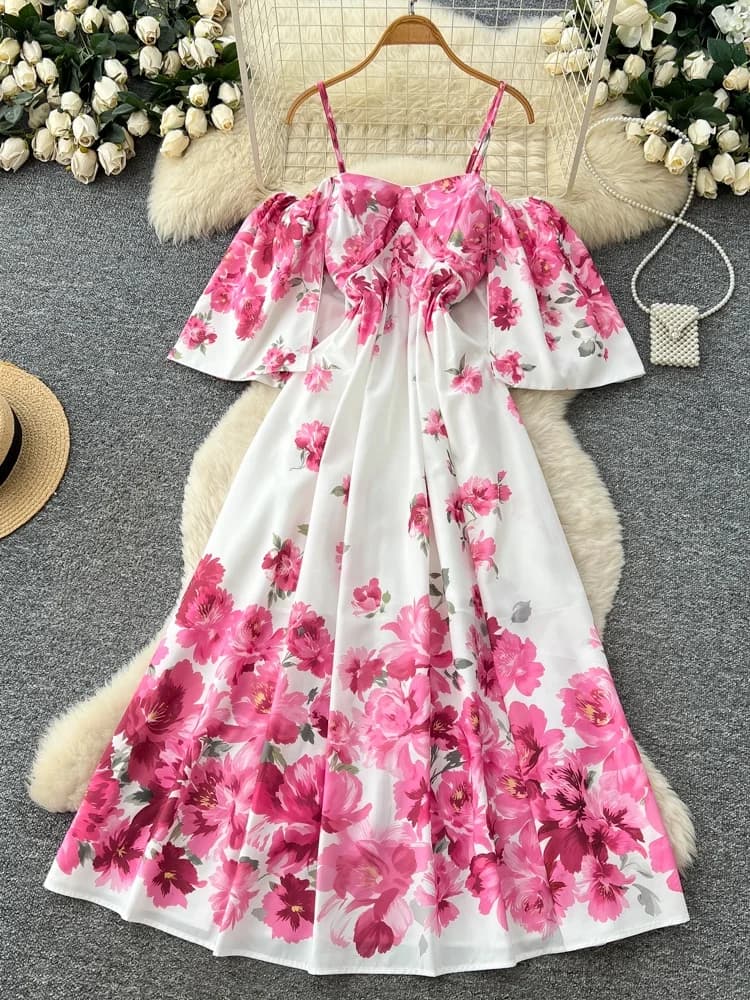 Abito Estivo da Donna Monospalla con Stampa Floreale, Senza Maniche, Stile Vacanza, con Orlo a Balze e Vita Stretta, Gonna Lunga a Trapezio Sexy