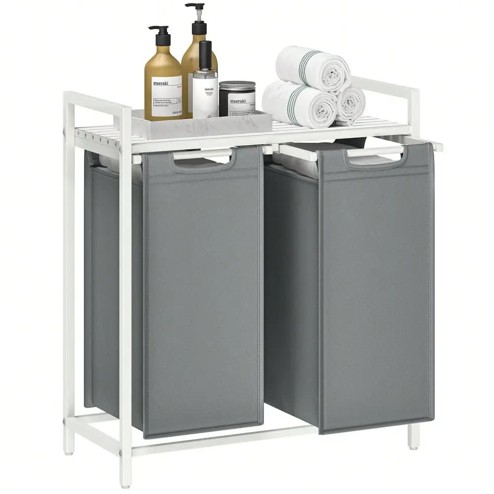 Laundry Hamper Organizer Laundry Basket Laundry Sorter With 2 PullOut And Removable Bags, Shelf, Metal Frame, 2 X 12.1 Gallons,