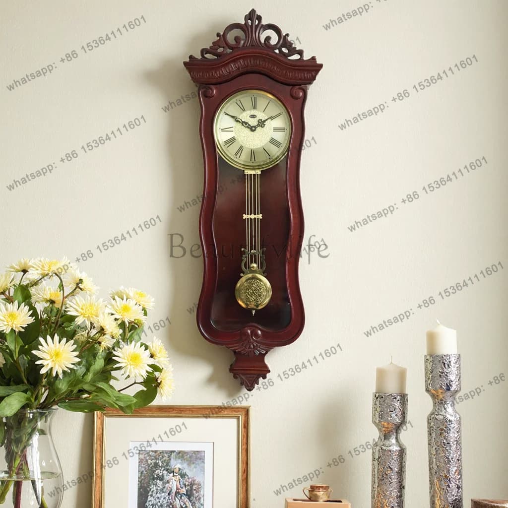 French vintage solid wood wall clock with music chimes swinging quartz villa pendulum wall clock