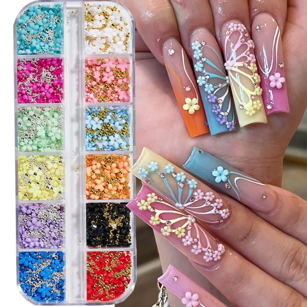 12Grids 3D Pink Pastel Acrylic Flower Nail Charms Gold Silver Caviar Beads Mixed Nail Rhinestones Resin Petal Blossom Nail Decor