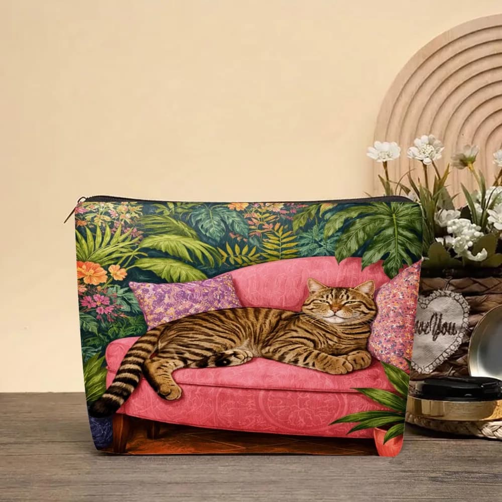 Borse per il trucco con motivo gatto tropicale sul divano per ragazze, astuccio per cosmetici, borsa da toilette, astuccio per matite, custodia da viaggio