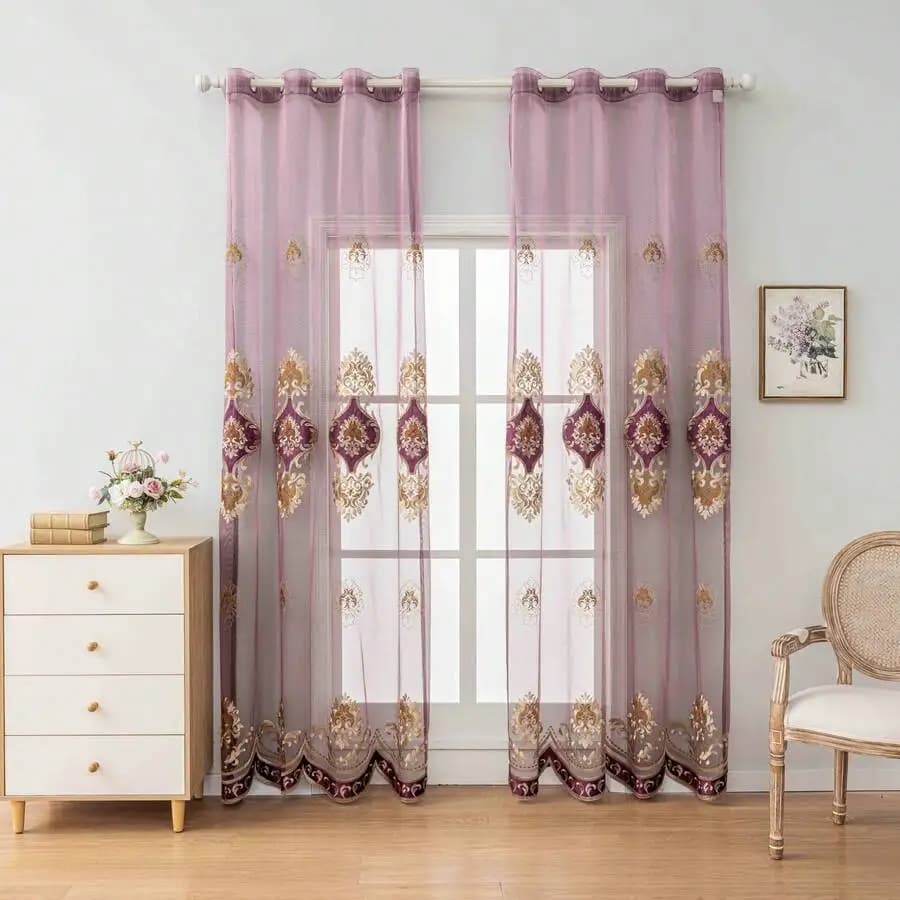 Elegant Embroidered Sheer Curtains Light Filtering Window Drapes For Living Room Bedroom