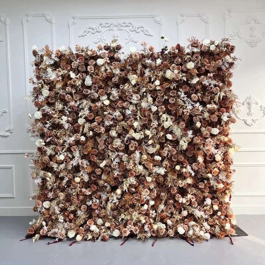 Uflower Brown Luxury 3D Cloth Flower Wall Wedding Backdrop Rose Hydrangea Arrangement Curtain Hanging Fabric Floral Decor