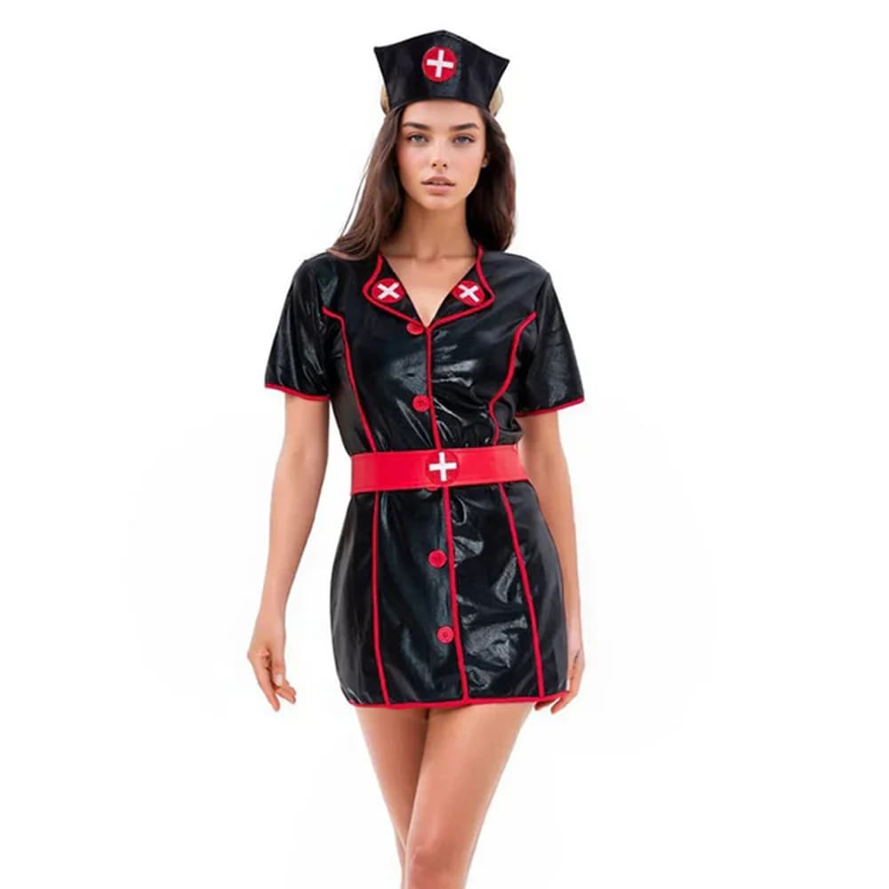 Costume uniforme da infermiera cosplay Costume da donna sexy da dottore Abiti da gioco di ruolo Abiti in pelle PU artificiale con cintura da infermiera