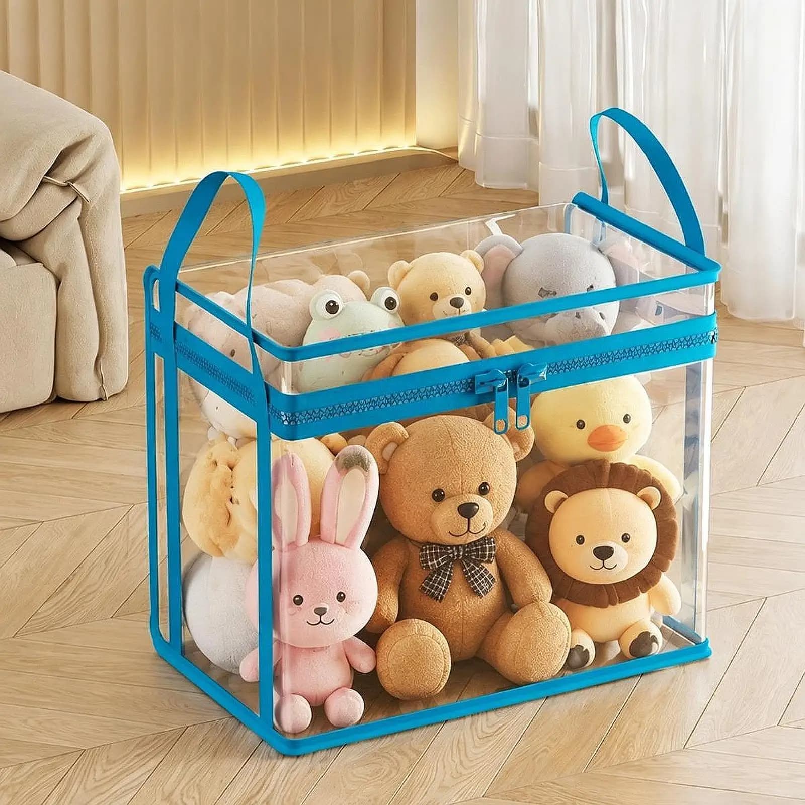 Scatola portaoggetti in PVC per giocattoli, organizer trasparente per peluche con cerniera e maniglia, per cameretta dei bambini, asilo nido, casa delle bambole