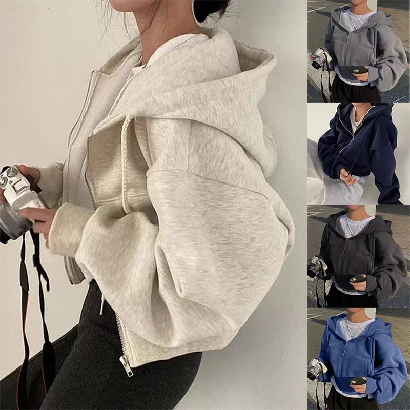 Women's Blue Navy Hoodie, New Autumn 2024 Collection, Pile Leaf, Versatile, Slim Fit, with Zip, Hot