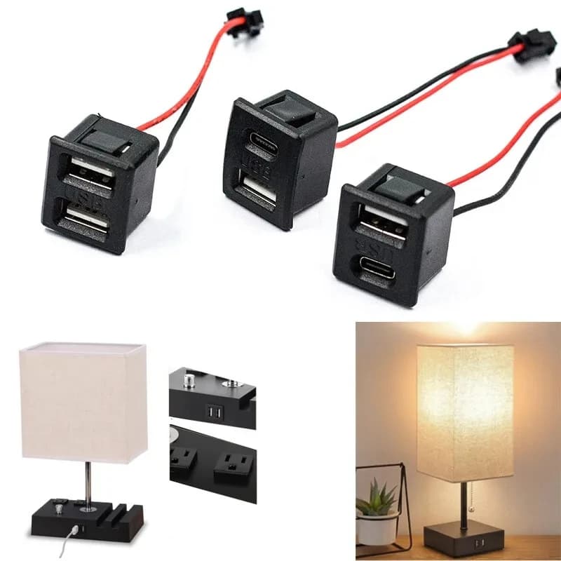 1 pcs black double layer USB socket with type C base and charging socket for female USB lamp socket with cable connector