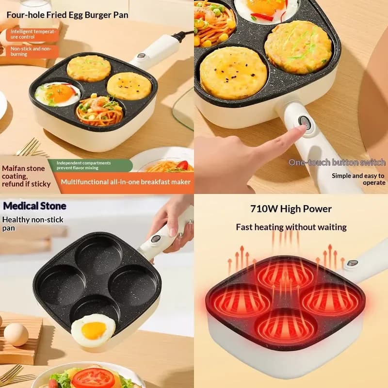 Non Stick 4-Cup Frying Pan Four hole frying pan Fried home burger pan breakfast burger machine Single Handle