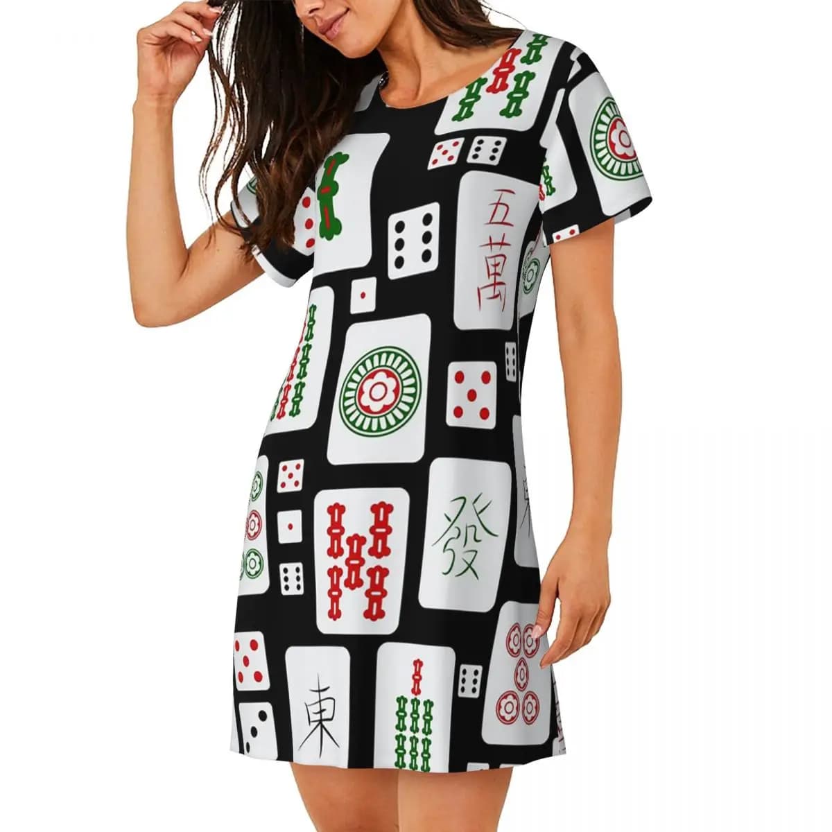 Camicia da notte a maniche corte con stampa personalizzata Mahjong e dadi, per dormire, pigiama morbido da donna