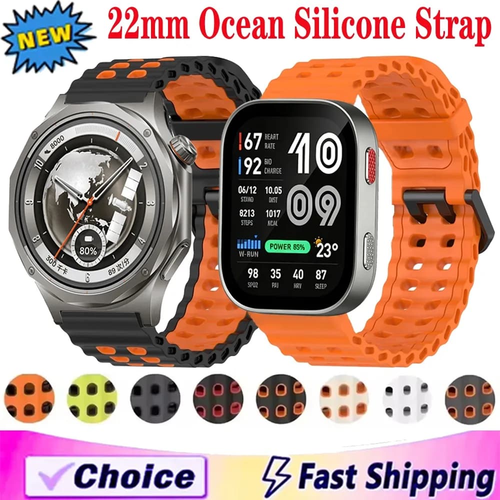 22mm Ocean Silicone Strap for OPPO Watch X3 S Oneplus Watch 4 3 Lite Breathable Bracelet for Amazfit Active Max/Bip 6-5-Max Belt