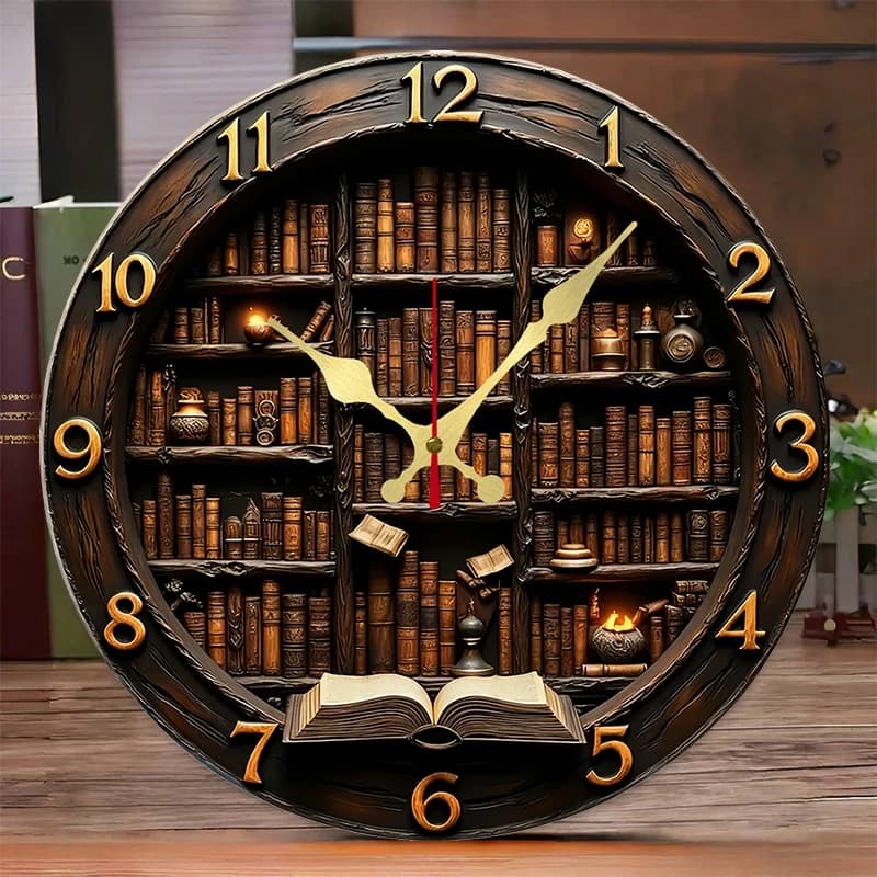 Wooden Round Wooden Wall Clock Library Nook style, suitable for living room, office, study, bedroom, home decoration