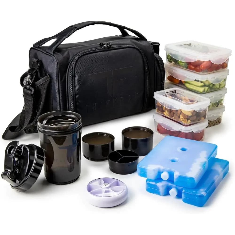 Contenitore per Pranzo da Microonde con 6 Contenitori Senza BPA, Shaker, Porta Pillole e Borsa Portaoggetti - Nero