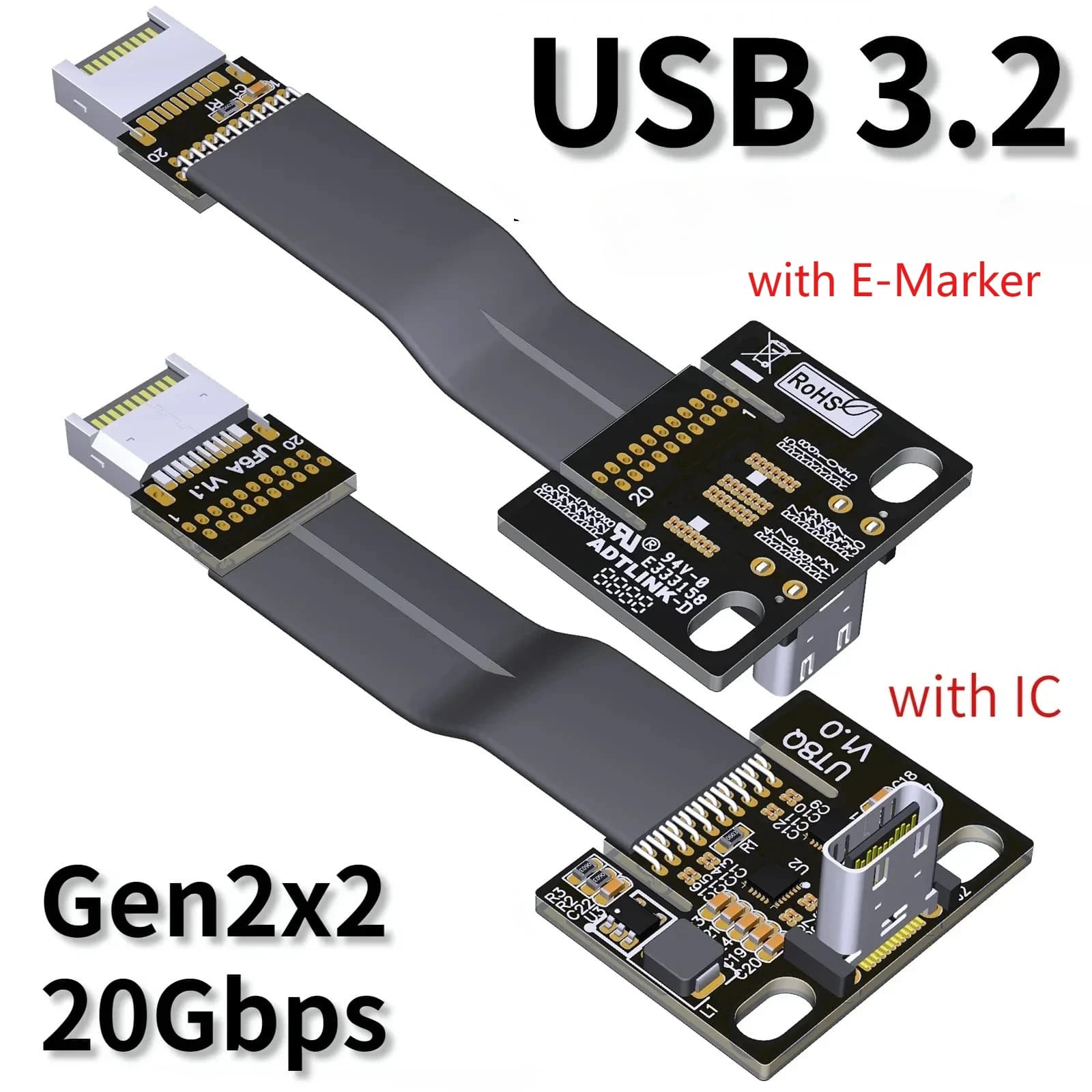 Schermato 20G USB 3.2 Gen 2 tipo C a tipo E maschio femmina 20P cavo piatto w IC Full Speed per ITX/ATX Mainboard A4 PC Host Extender